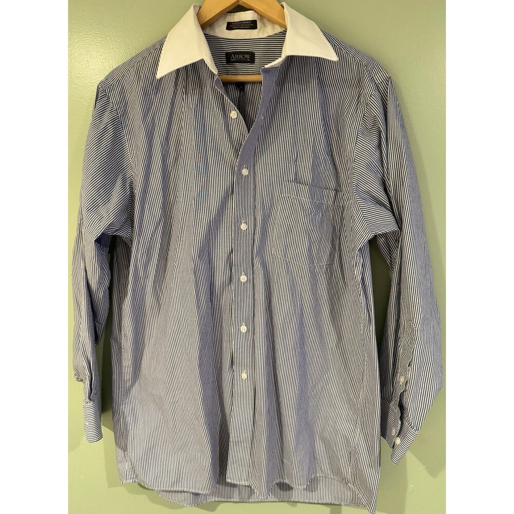 ARROW Men’s Fairfield Pinpoint Blue White Striped Button Down Shirt L 16 32/33